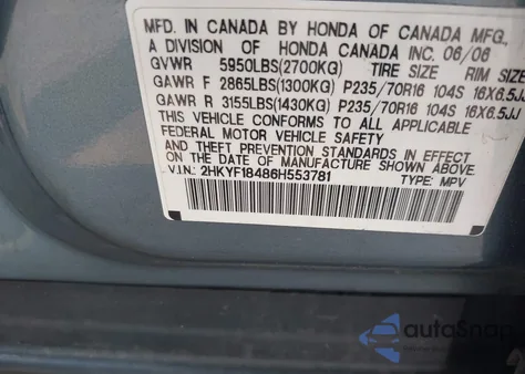 2006 Honda Pilot Ex from USA, damaged, VIN 2HKYF18486H553781